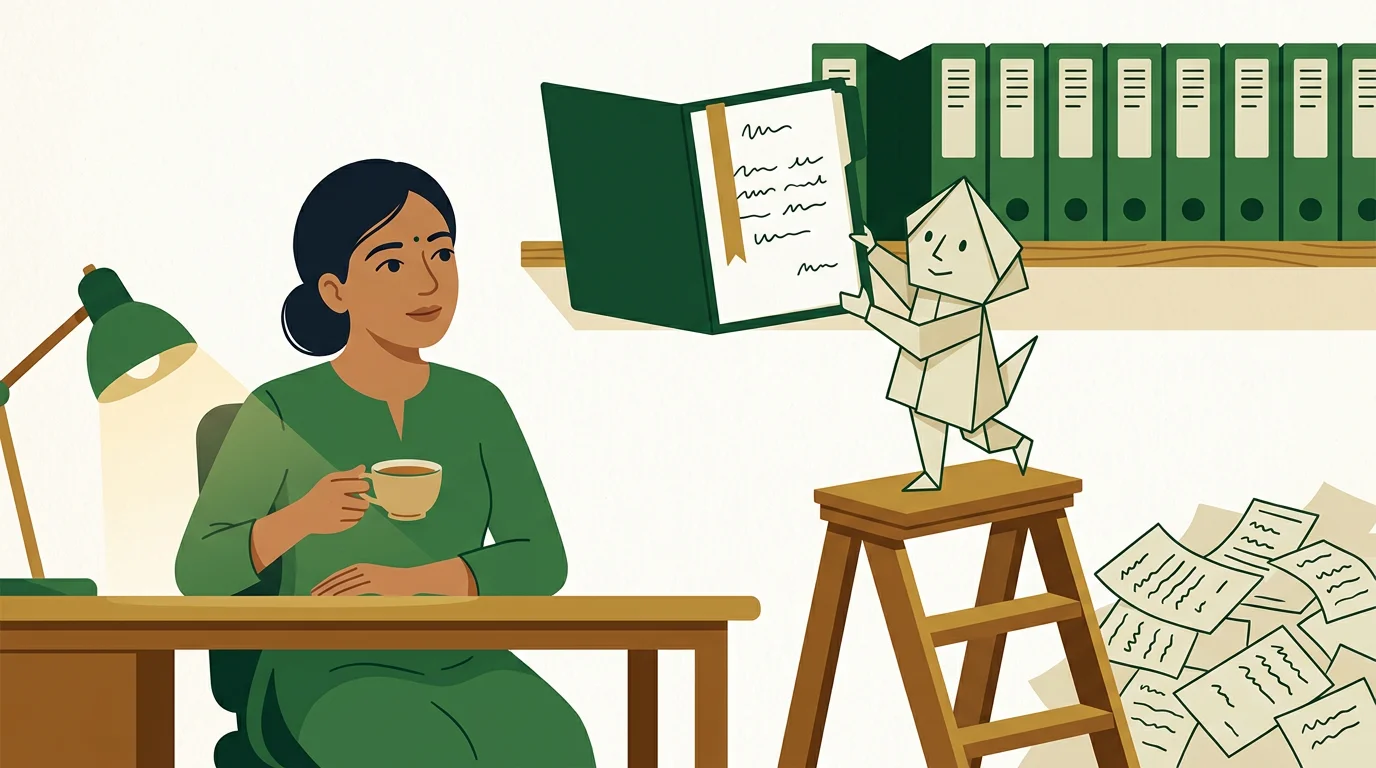 A woman with a cup of tea watches a small folded-paper helper on a step ladder hold open one bookmarked folder from her shelf, while a heap of loose paperwork lies ignored.